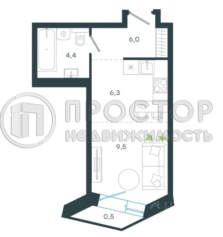 Студия, 26.7 м² - фото 2