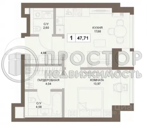 1-комнатная квартира, 47.71 м² - фото 18