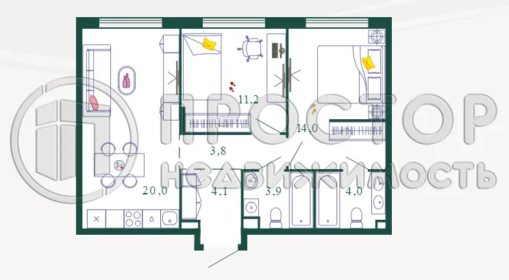 2-комнатная квартира, 60 м² - фото 2
