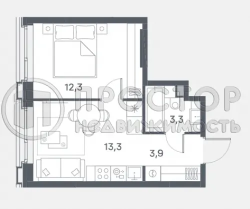 1-комнатная квартира, 32.8 м² - фото 4