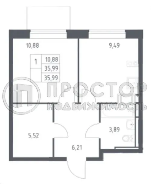 1-комнатная квартира, 35.99 м² - фото 20