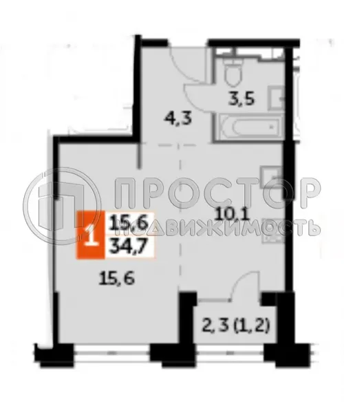 1-комнатная квартира, 35 м² - фото 7