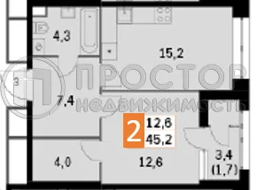 1-комнатная квартира, 45.2 м² - фото 10
