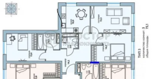 3-комнатная квартира, 75.2 м² - фото 3