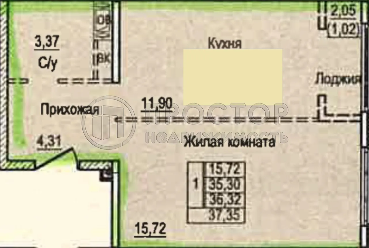 1-комнатная квартира, 37.35 м² - фото 8