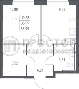 1-комнатная квартира, 35.9 м² - фото 12