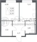 1-комнатная квартира, 35.9 м² - фото 23