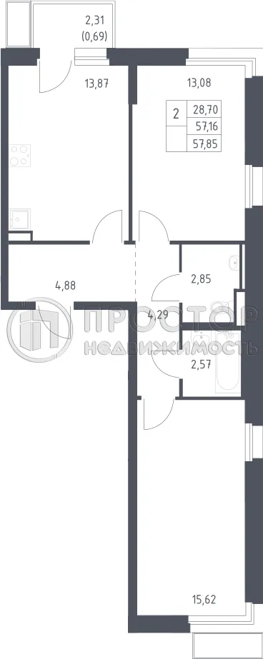 2-комнатная квартира, 57.85 м² - фото 7