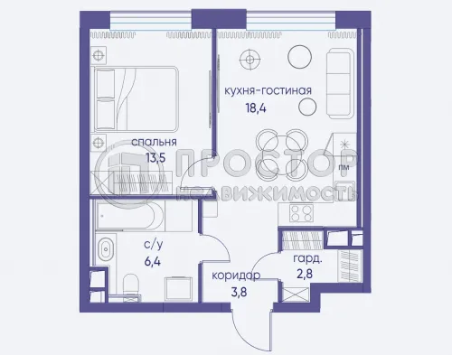 1-комнатная квартира, 41 м.кв.