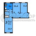 3-комнатная квартира, 77.1 м² - фото 19