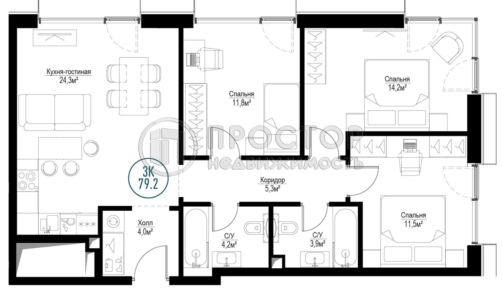 3-комнатная квартира, 78.7 м² - фото 2