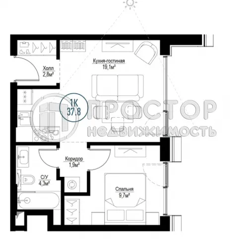 2-комнатная квартира, 37.4 м² - фото 2