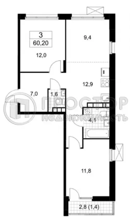 3-комнатная квартира, 60.1 м² - фото 11