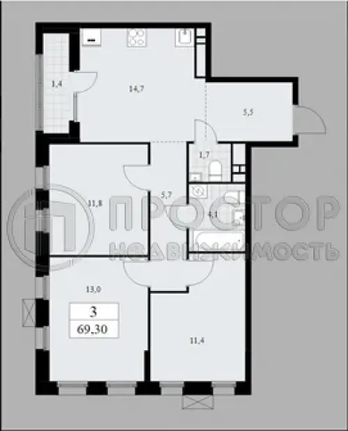 3-комнатная квартира, 69.4 м² - фото 6