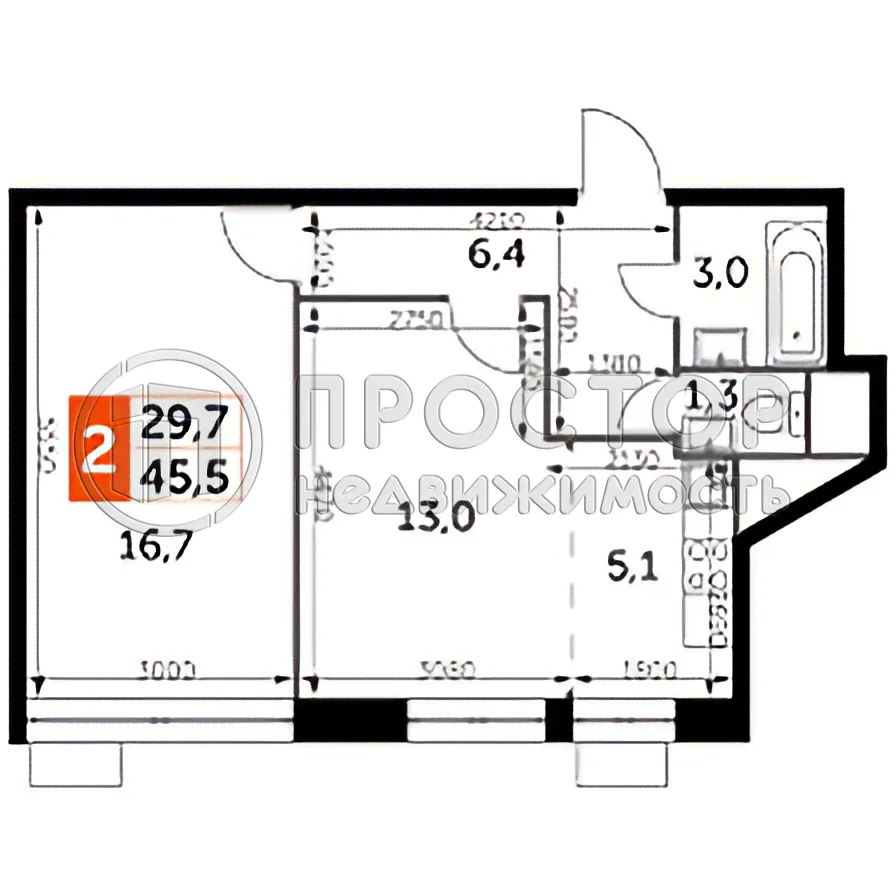2-комнатная квартира, 45.5 м² - фото 3