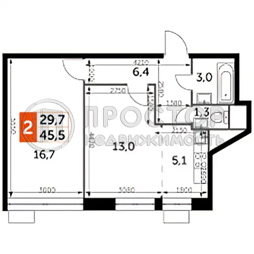 2-комнатная квартира, 45.5 м² - фото 3