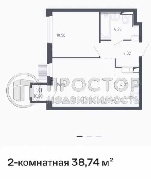 2-комнатная квартира, 38.8 м.кв.