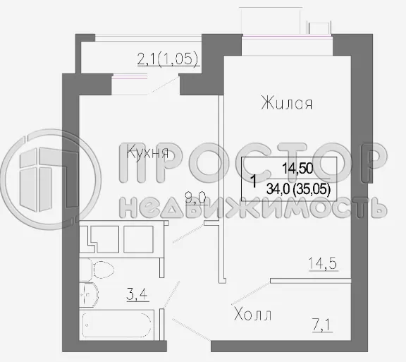1-комнатная квартира, 35.05 м² - фото 4