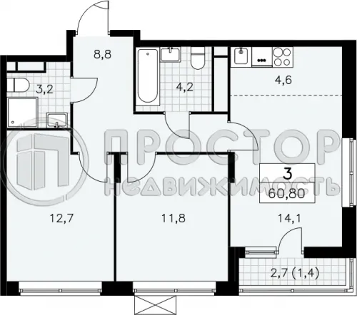3-комнатная квартира, 60.8 м² - фото 10
