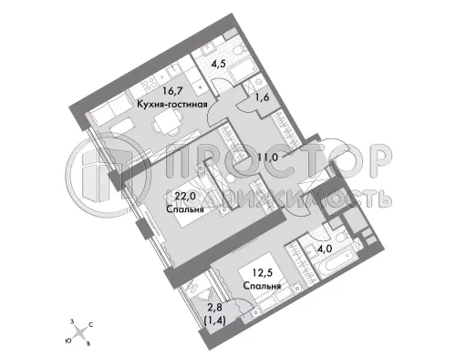 2-комнатная квартира, 73.7 м² - фото 3