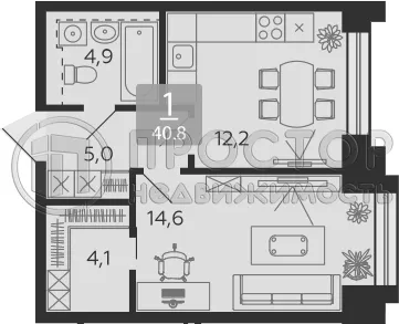 1-комнатная квартира, 40.7 м² - фото 16