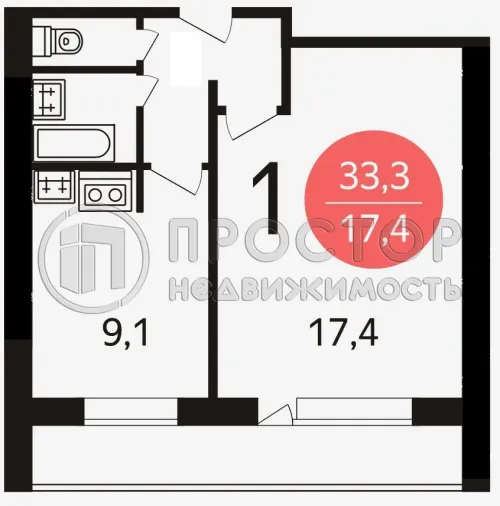 1-комнатная квартира, 33 м² - фото 11