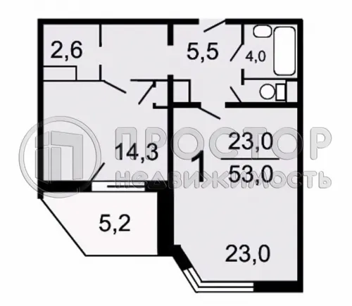 1-комнатная квартира, 52.6 м.кв.
