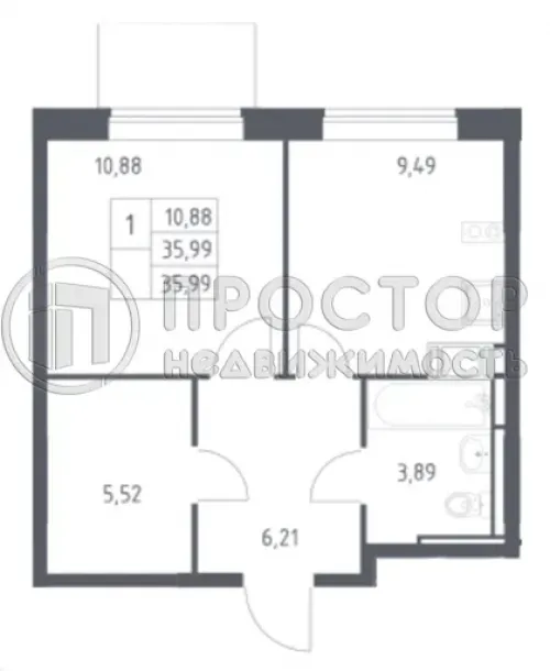 1-комнатная квартира, 35.99 м² - фото 9