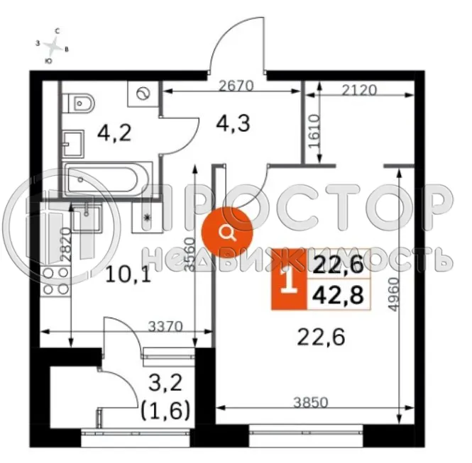 1-комнатная квартира, 41.3 м² - фото 2