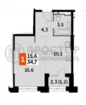 1-комнатная квартира, 35 м² - фото 11