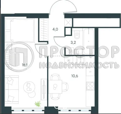 1-комнатная квартира, 33.6 м² - фото 5