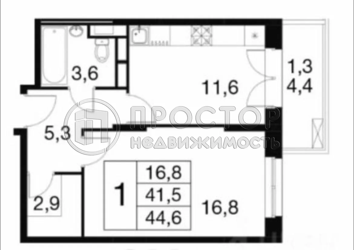 1-комнатная квартира, 44.6 м² - фото 11
