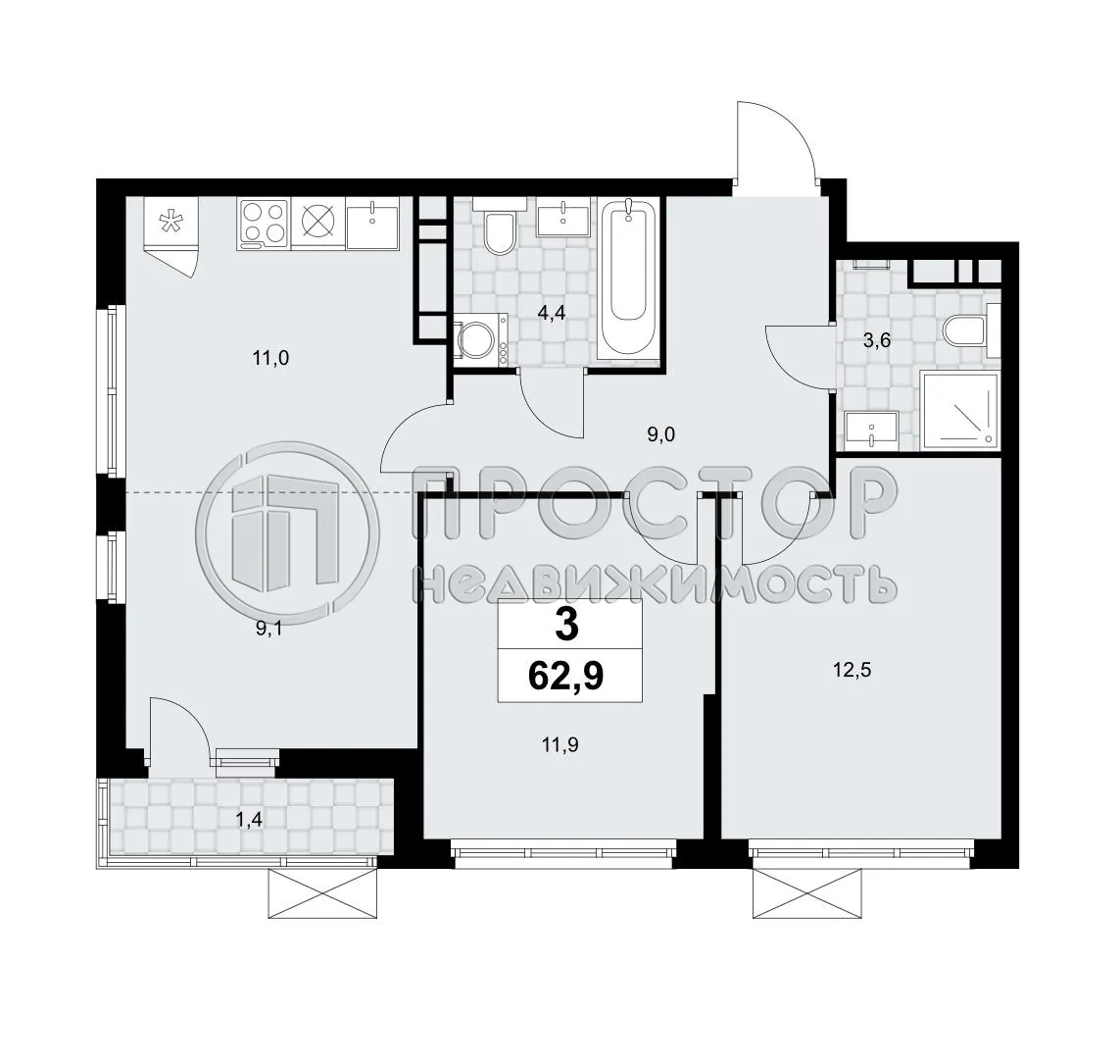 2-комнатная квартира, 60.8 м² - фото 2
