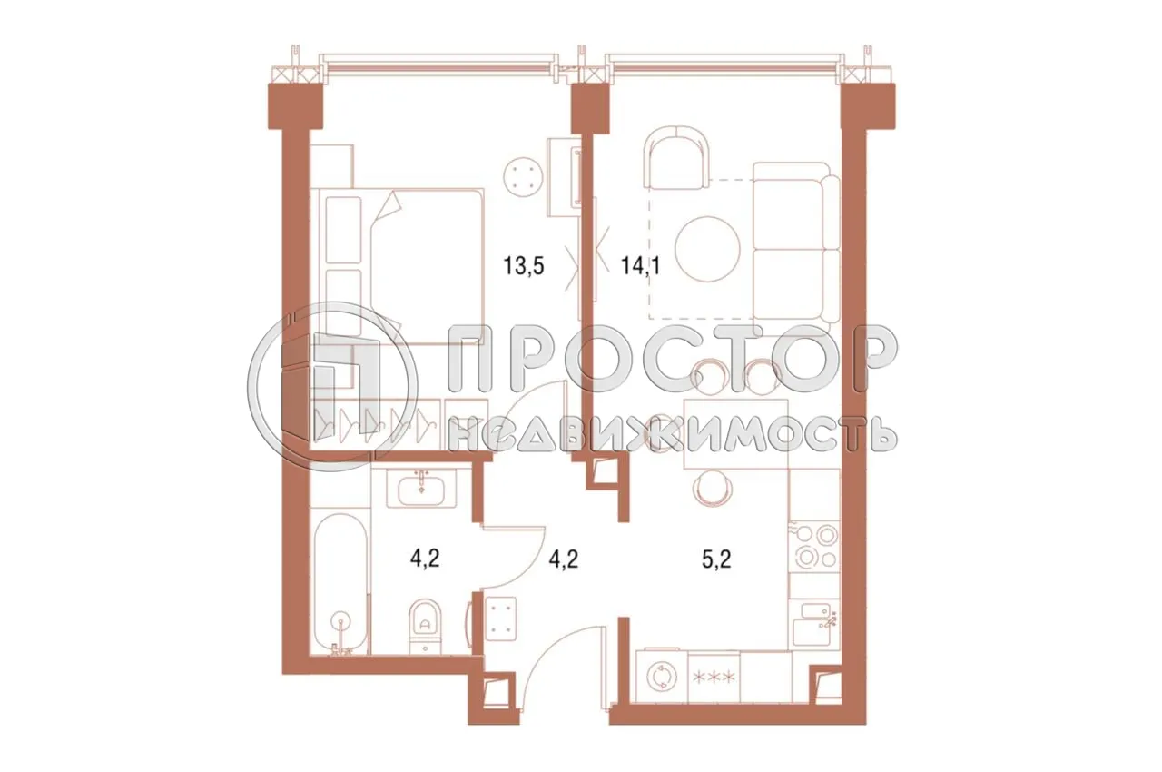 1-комнатная квартира, 41.21 м² - фото 2