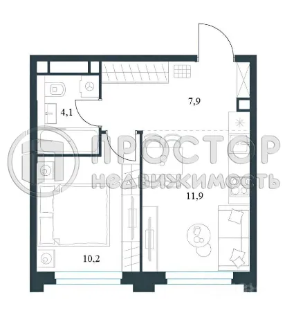 1-комнатная квартира, 34.1 м² - фото 2