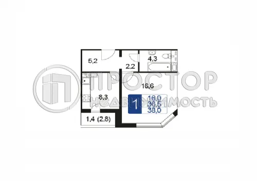 1-комнатная квартира, 38 м² - фото 14