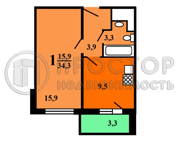 1-комнатная квартира, 34.3 м² - фото 7