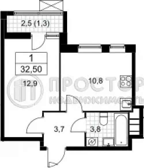 1-комнатная квартира, 32.5 м² - фото 6