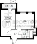 1-комнатная квартира, 32.5 м² - фото 11