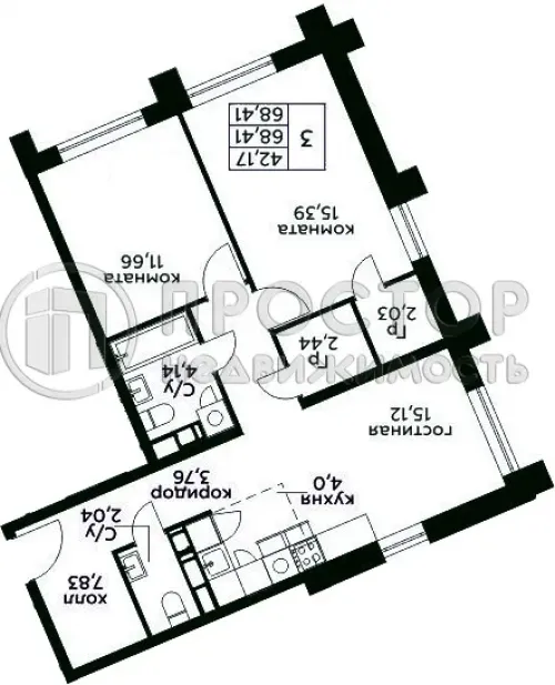 2-комнатная квартира, 68.41 м² - фото 6