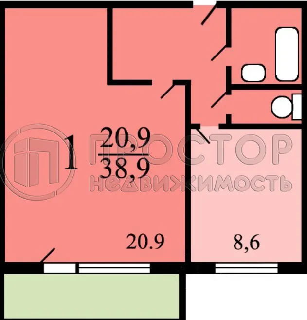 1-комнатная квартира, 38.9 м² - фото 14