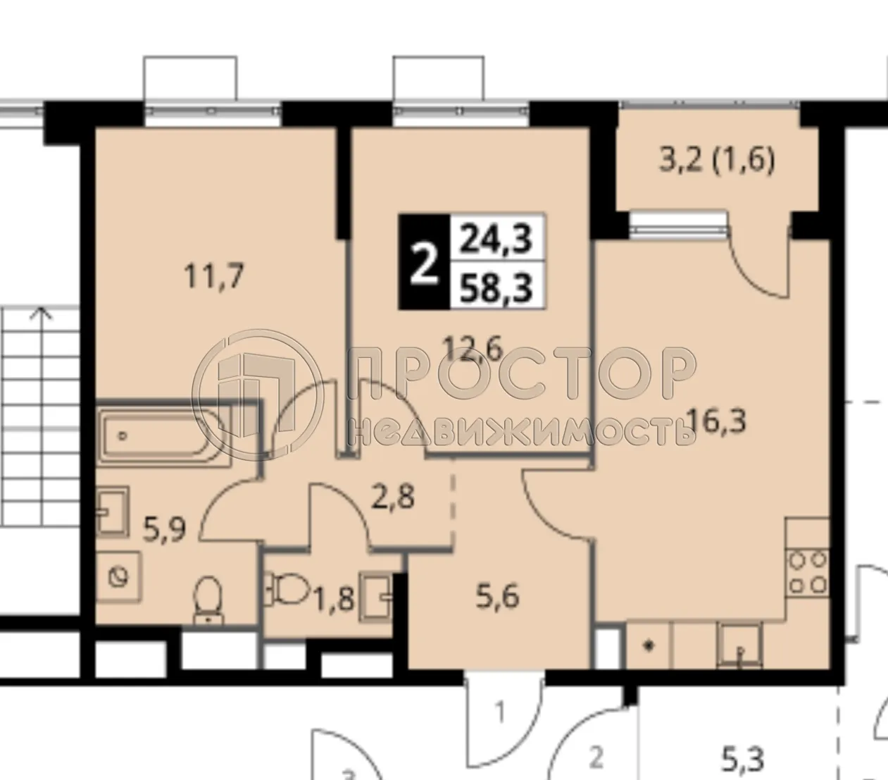2-комнатная квартира, 58.3 м² - фото 7