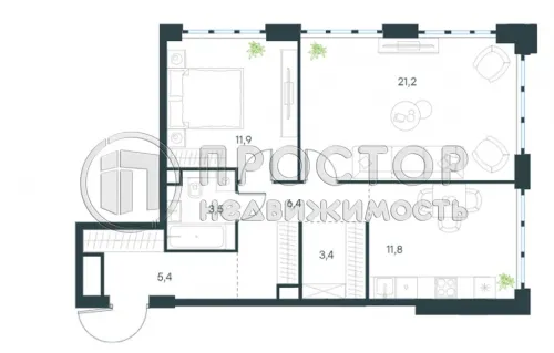 2-комнатная квартира, 61.7 м² - фото 7