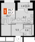 1-комнатная квартира, 37.7 м² - фото 19