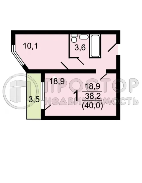 1-комнатная квартира, 40 м² - фото 10