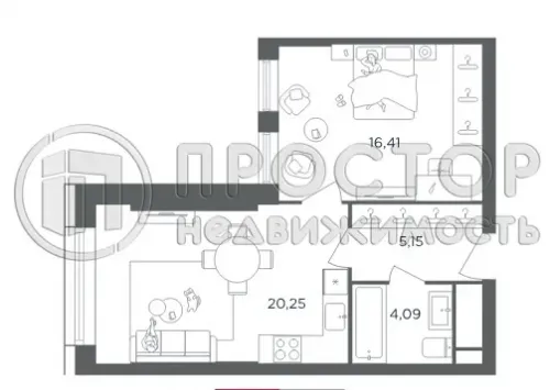 1-комнатная квартира, 45.89 м² - фото 7