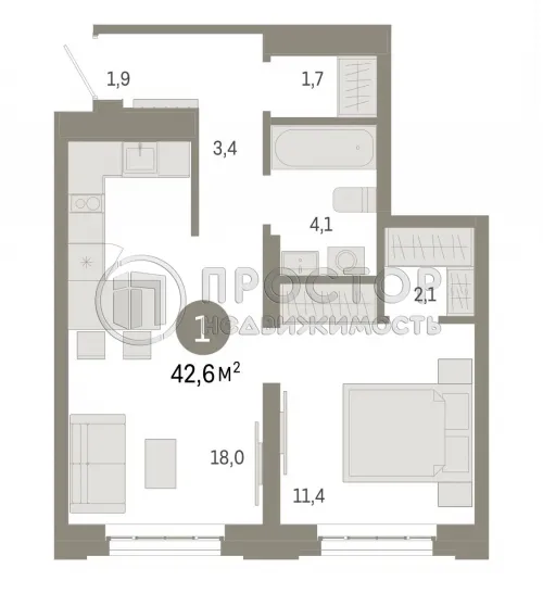 1-комнатная квартира, 42.6 м² - фото 4