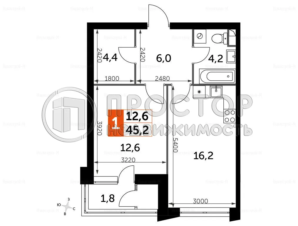 1-комнатная квартира, 45.2 м² - фото 3