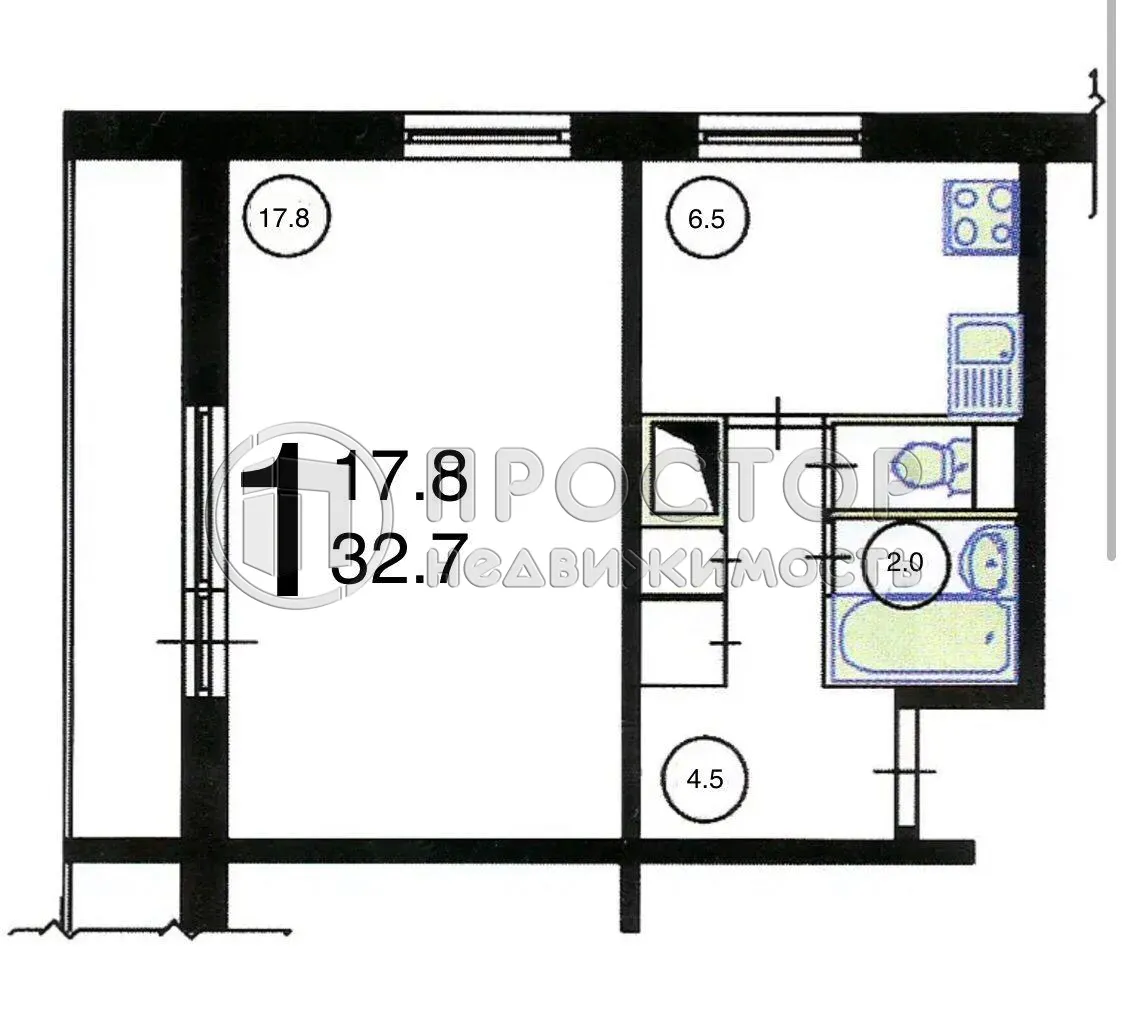 1-комнатная квартира, 32.7 м² - фото 10