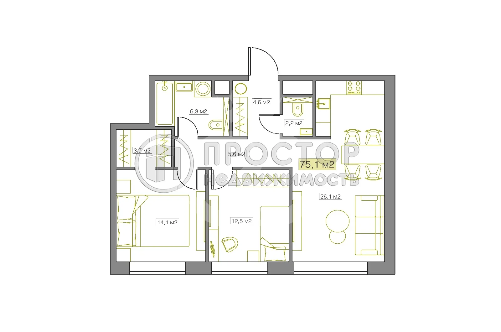 3-комнатная квартира, 75 м² - фото 7